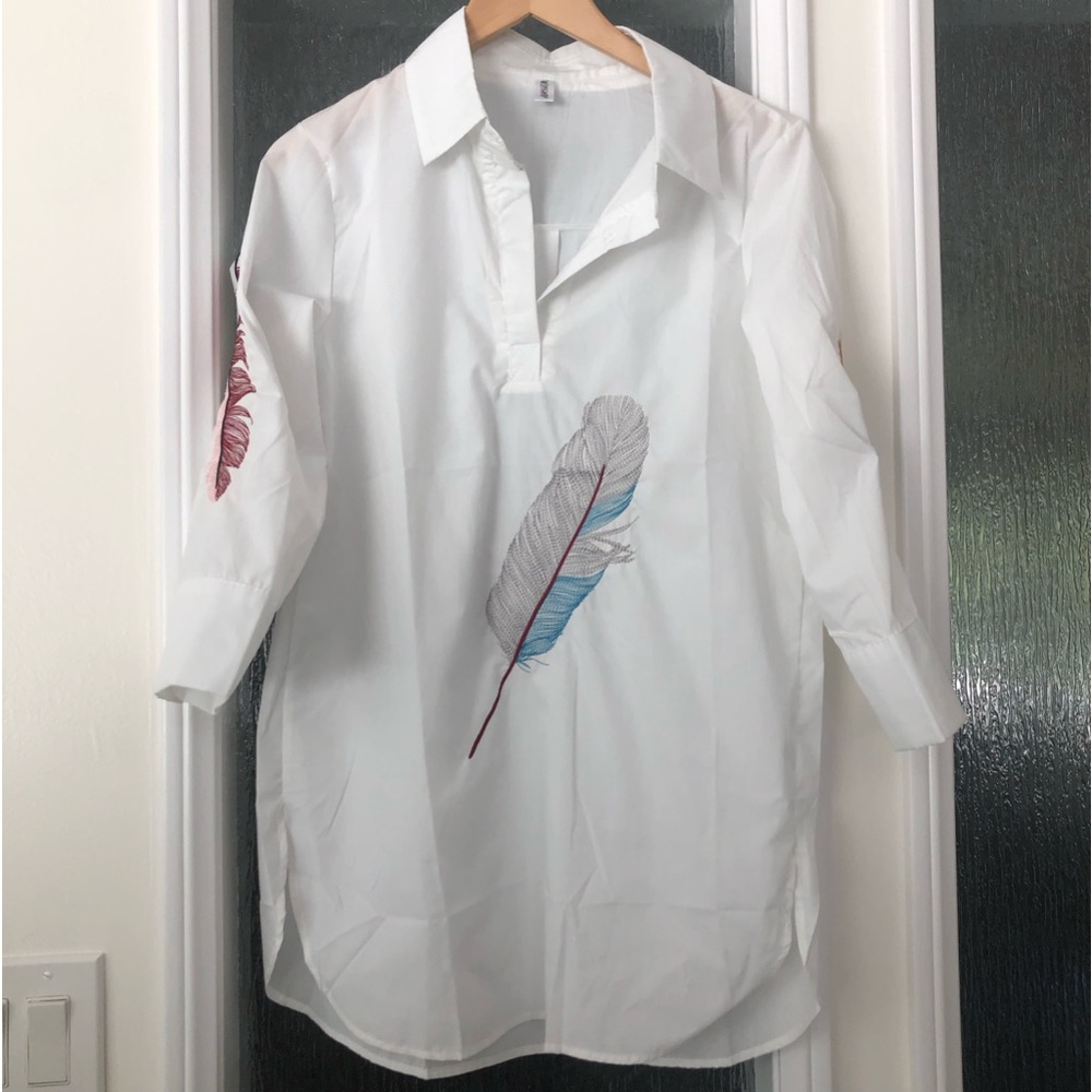 New-White Embroidered 100% Cotton 3/4 Lenth Sleeves Blouse.